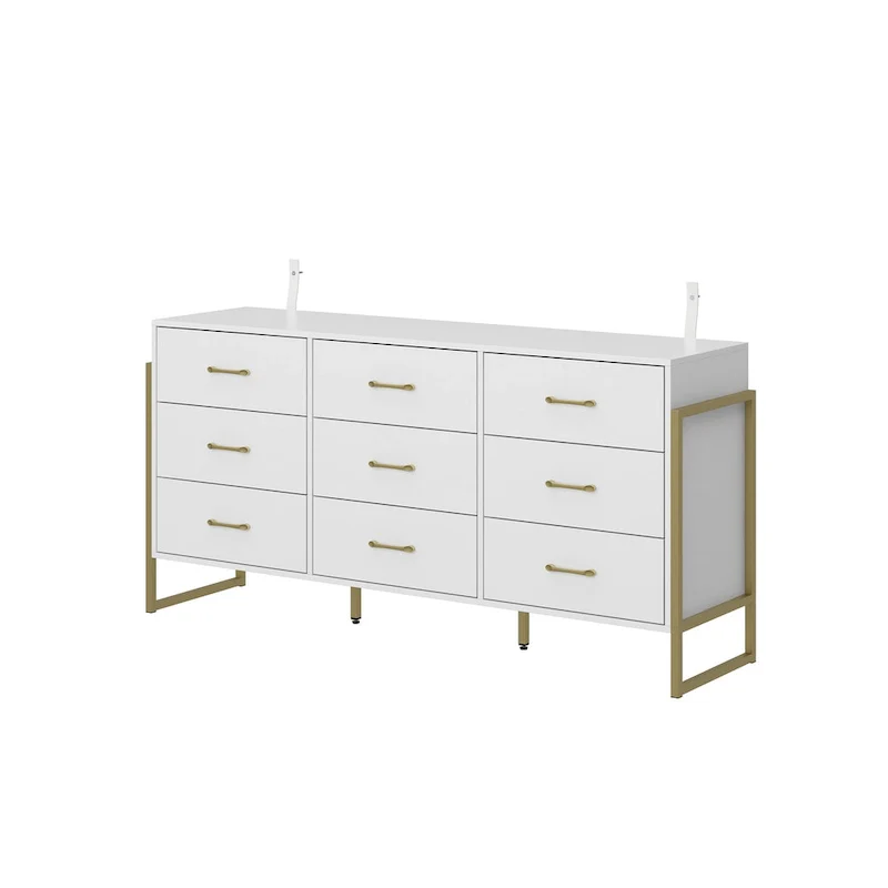 61.4W Modern Black Dresser with 9 Spacious Drawers - Gold Handles