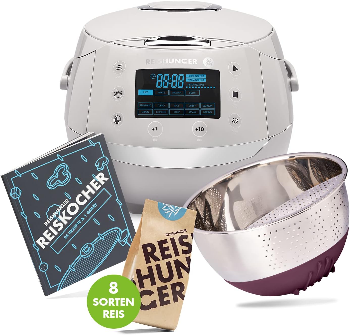 REISHUNGER Digitaler Reiskocher & Dampfgarer Schwarz | 1,5 L bis 8 Personen | Warmhaltefunktion, Timer & Premium Innentopf | Multikocher, 12 Programme, 7-Phasen-Technologie