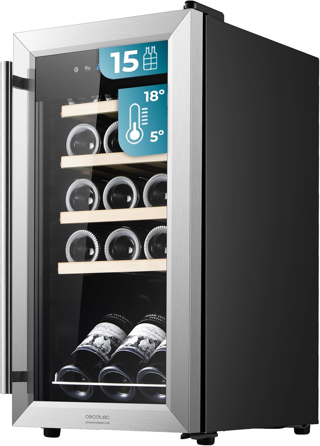Cecotec Cantina Vino 15 bottiglie - Cantinetta Vino GrandSommelier 1550 Inox Compressor. 15 bottiglie, compressore silenzioso, temperatura 5-18°C, pannello touch, senza vibrazioni, 39 dB