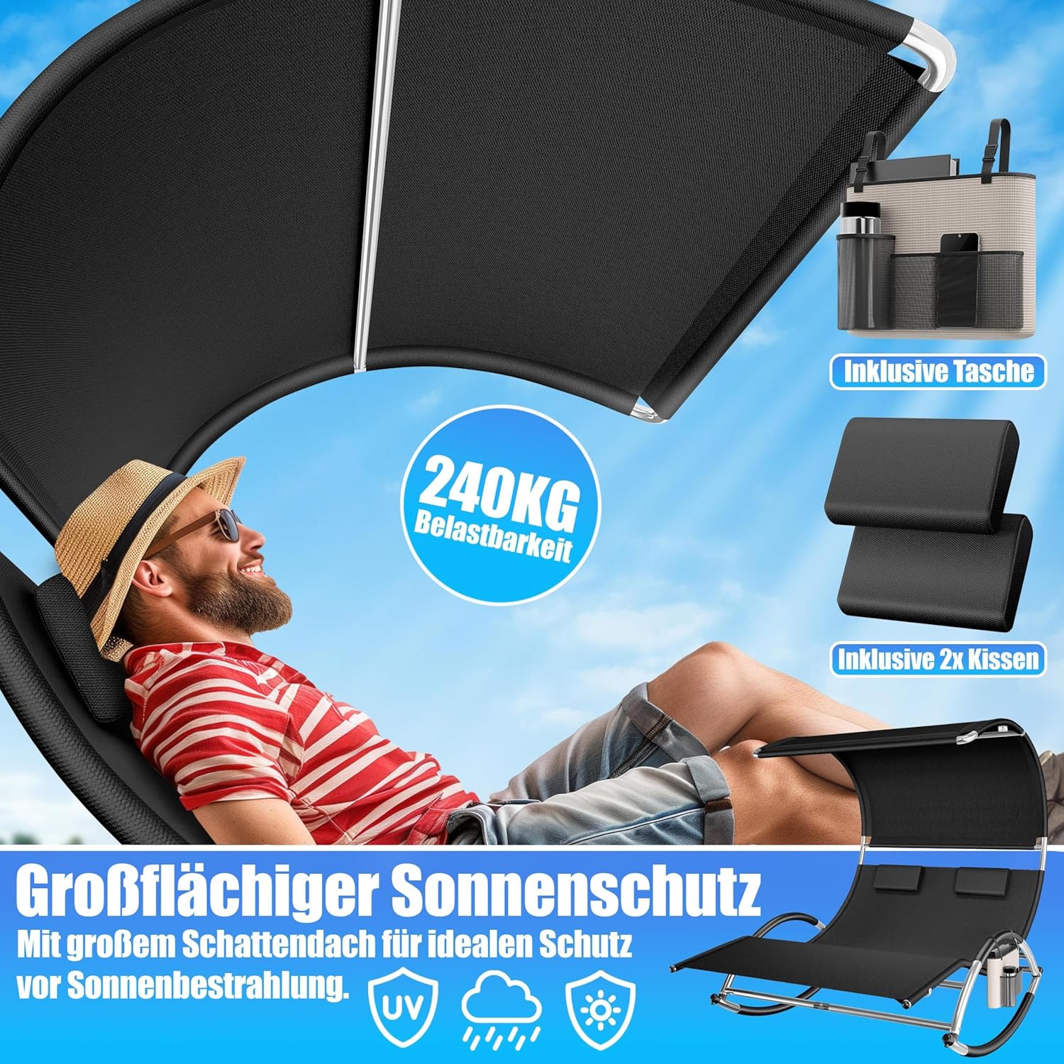 KESSER® Doppel-Sonnenliege Doppelliege mit Sonnendach, Kopfkissen Tasche für 2 Personen, Relaxliege, Gartenliege, Schaukelliege ergonomische Liegefläche, 240 kg Belastung, Seitentasche, Schwarz