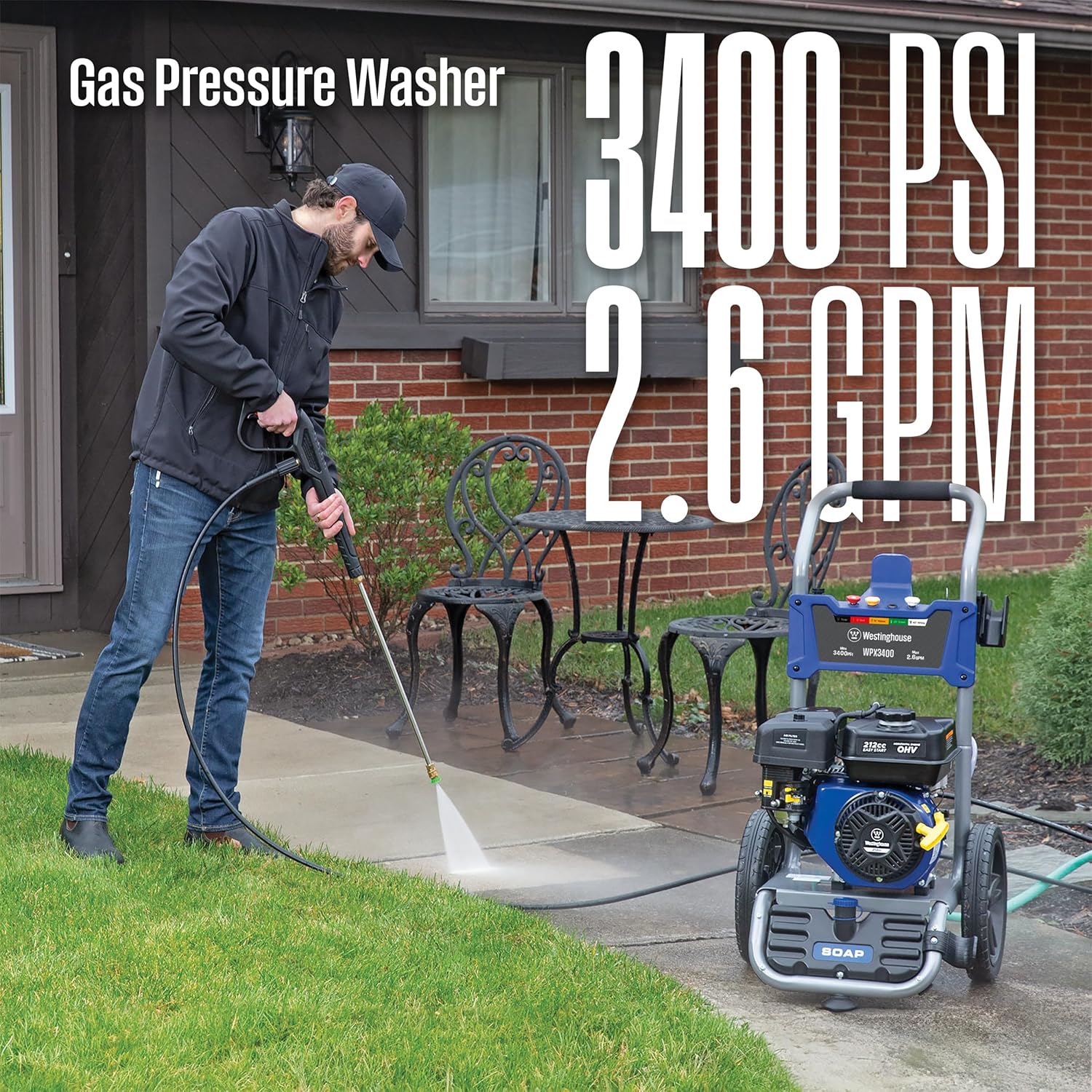 Westinghouse WPX3400 Gas Pressure Washer  3400 PSI and 2.6 Max GPM  Onboard Soap Tank  Spray Gun and Wand  5 Nozzle Set  for Cars/Fences/Driveways/Homes/Patios/Furniture