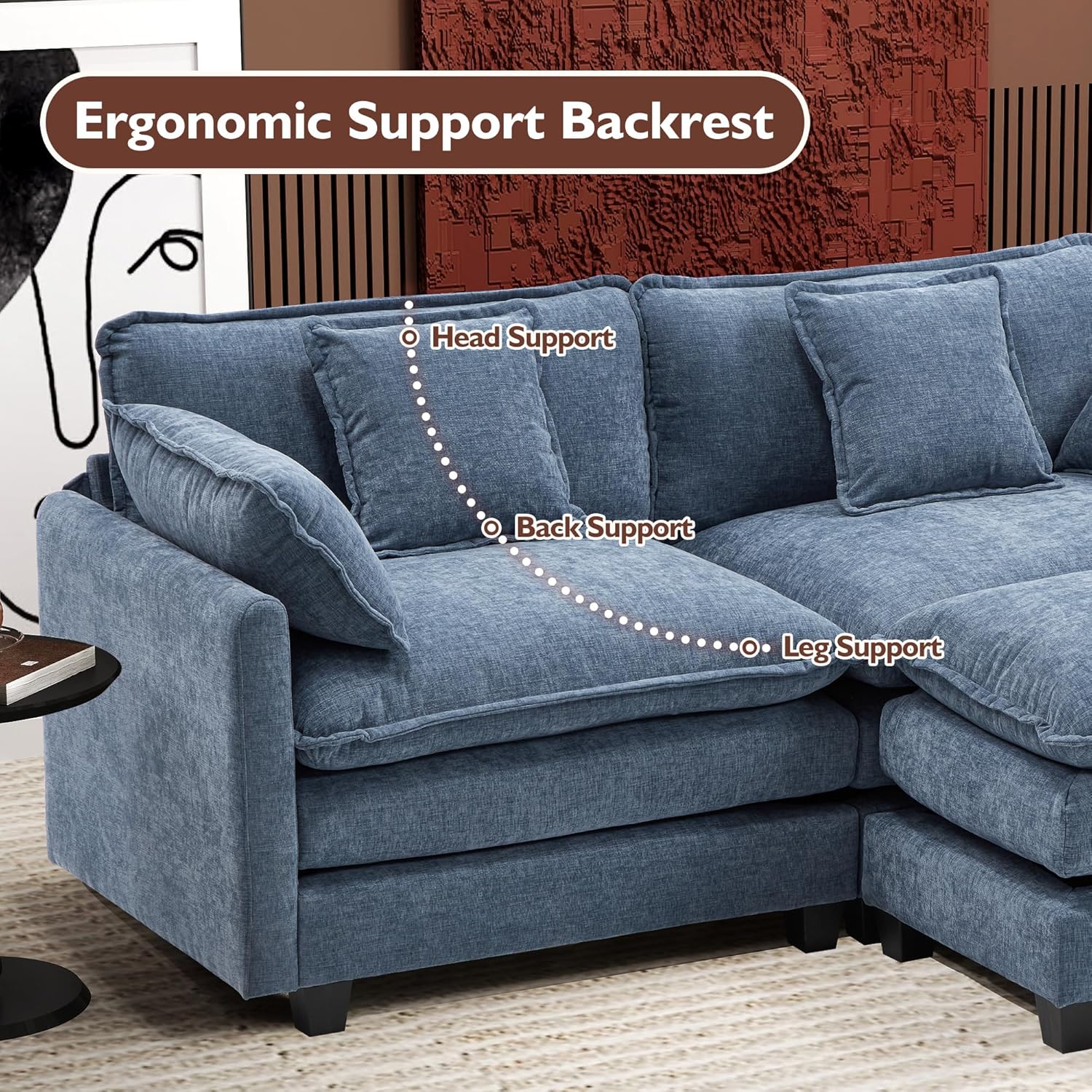 111.4 Inch L-Shaped Modern Sofa Modular Cloud Sofa Ottoman 4-Seater Chenille Deep Seat Sofa