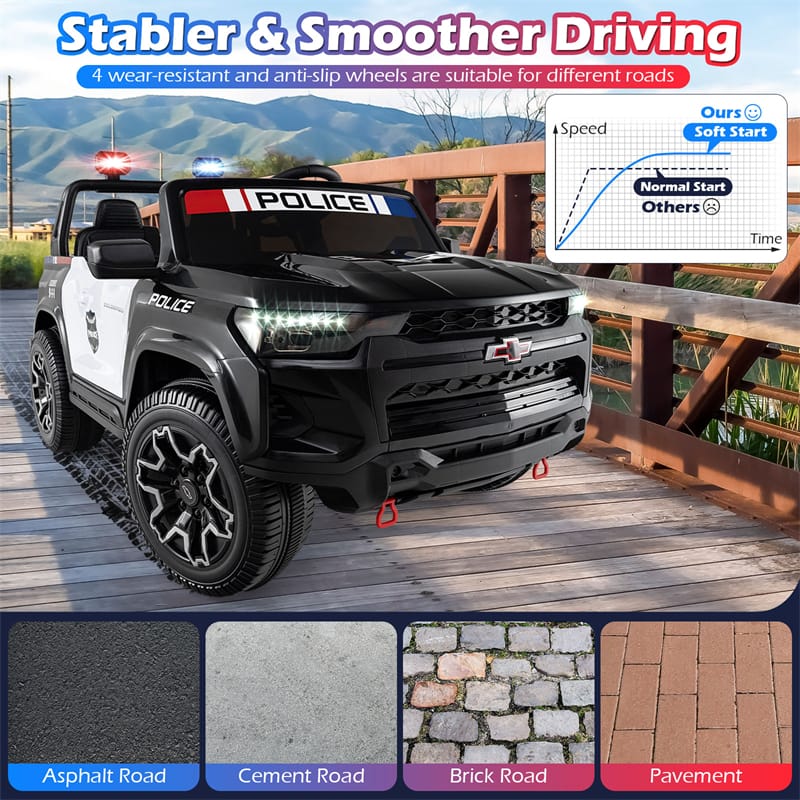 24V 4WD 2-Seater Ride on Police Car, Licensed Chevrolet Kids Electric Vehicle with Remote Control, Megaphone, Siren, Flashing LED Lights & Storage