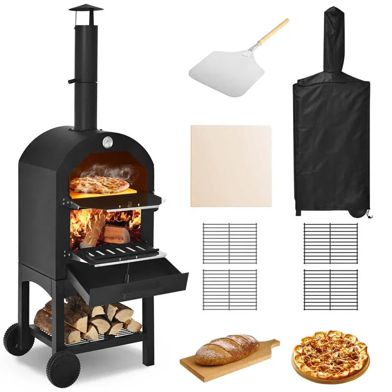 2 rétegű acél kültéri pizzasütő fatüzelésű pizzagrill kerekekkel, pizzakővel és lapáttal, vízálló takaróval