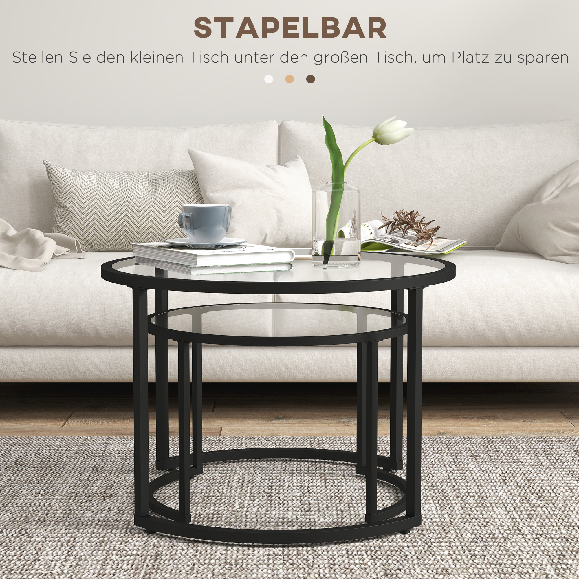 HOMCOM 2-delige Bijzettafels Salontafels Industrieel Design, Glazen Tafels, stapelbaar, Zwart + Transparant