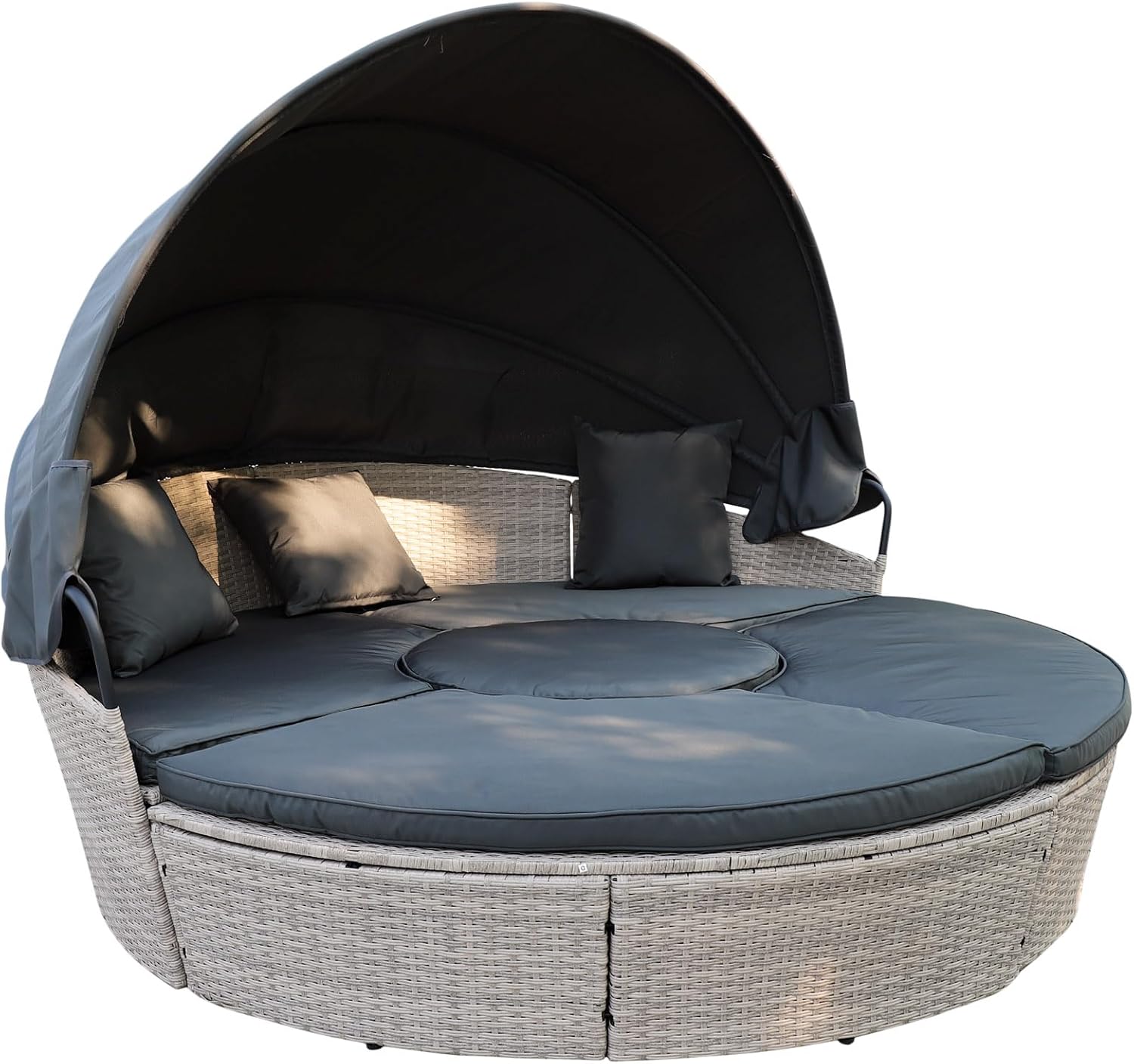 Poly Rattan Sonneninsel XL mit faltbarem Sonnendach Ø 180/210 cm inkl. Auflagen Kissen, Lounge Sonnenliege Gartenmuschel (Hellgrau, Dia 210)