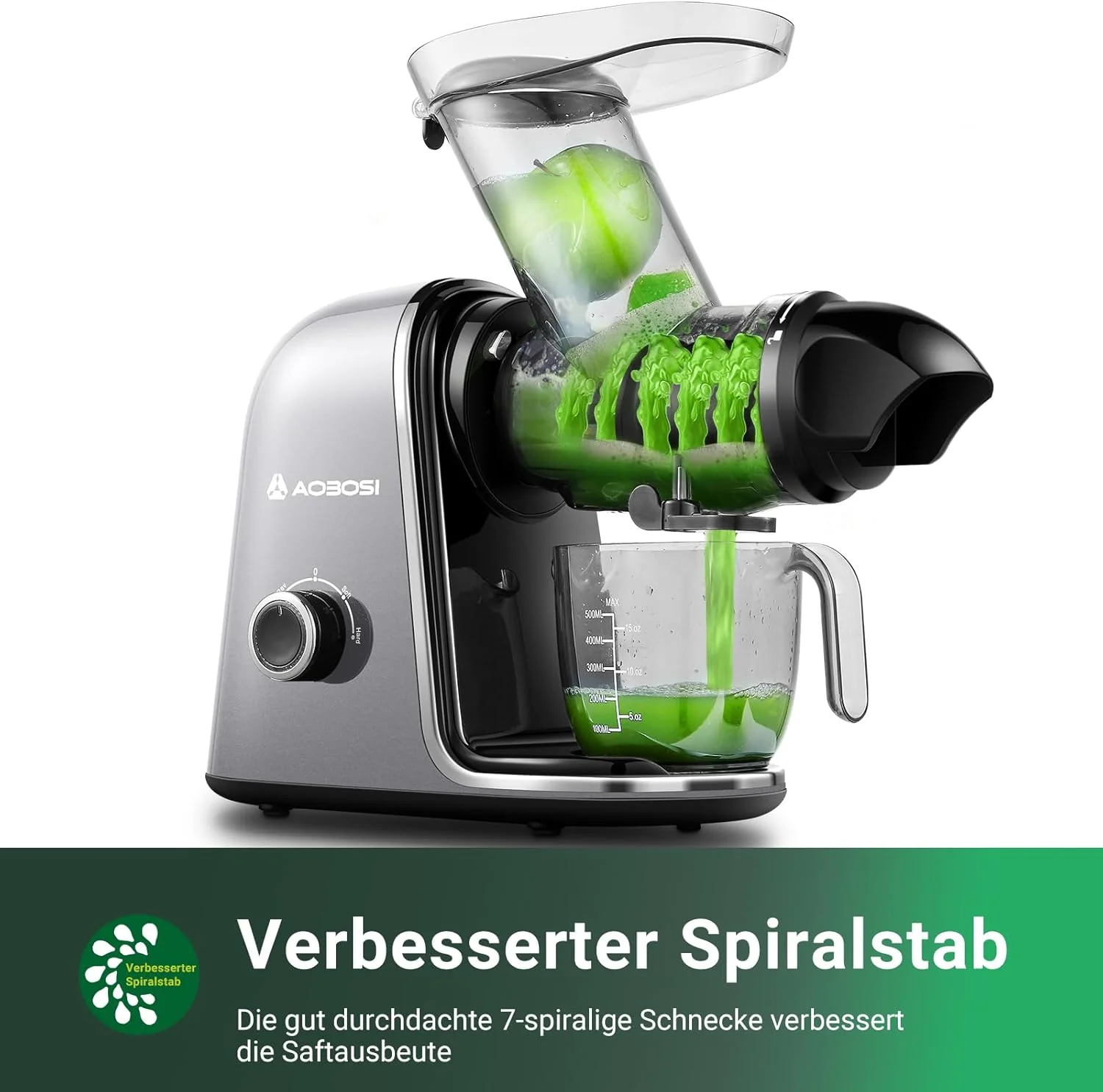 【Novità】 AOBOSI Spremiagrumi Estrattore di Succo a Freddo con 2 Velocità - Estrattore Frutta e Verdura con Coclea a 8 Stadi - Spremiagrumi con Spazzola per la Pulizia e 2 Bicchieri - Spremiagrumi con Funzione di Retromarcia