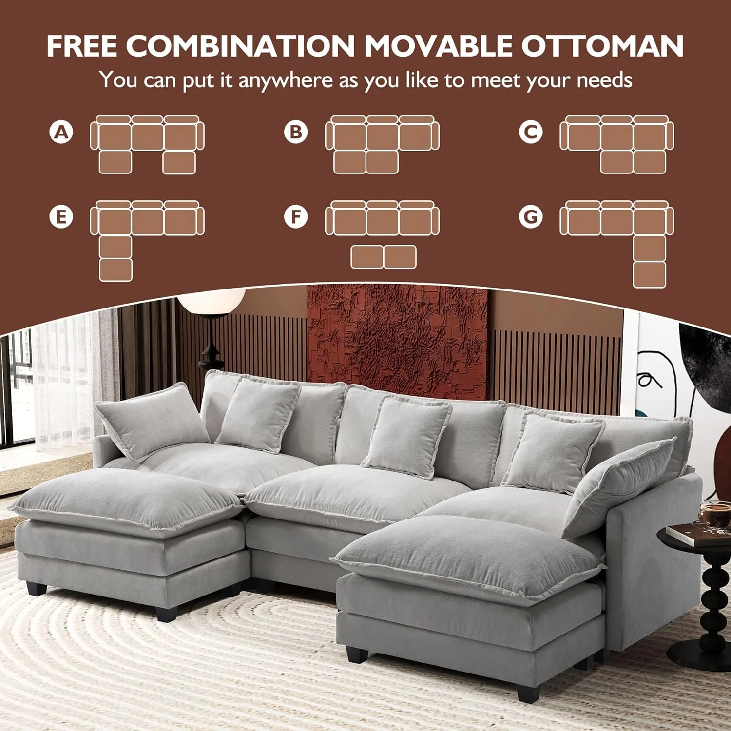111.4 Inch L-Shaped Modern Sofa Modular Cloud Sofa Ottoman 4-Seater Chenille Deep Seat Sofa