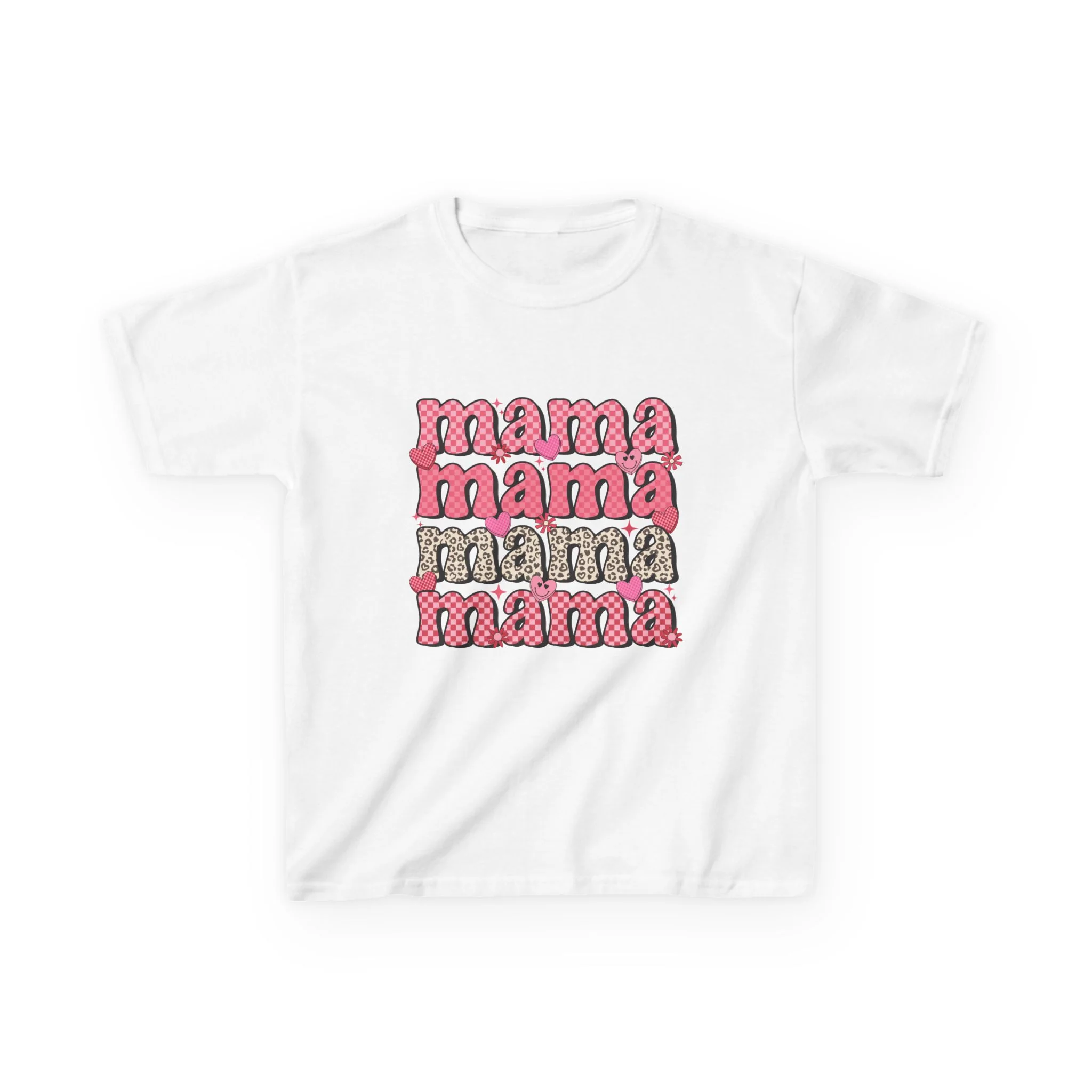 mama stacked text Kids Tee | Retro Pink Pattern