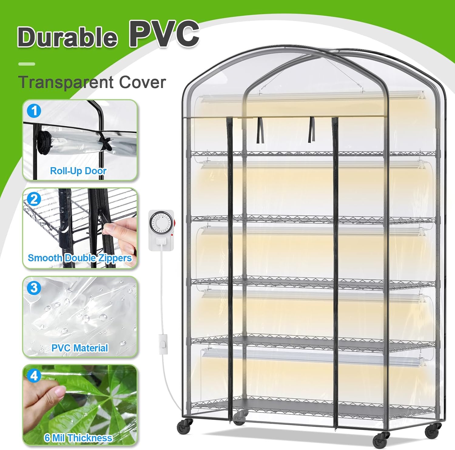 Abimars 5-Tier Greenhouse with Grow Light  Shelf Height Adjustable Metal Plant Shelf with PVC Cover and Wheels  Includes 5-Pack 2900K Full Spectrum Plant Lights  21x49x80inch