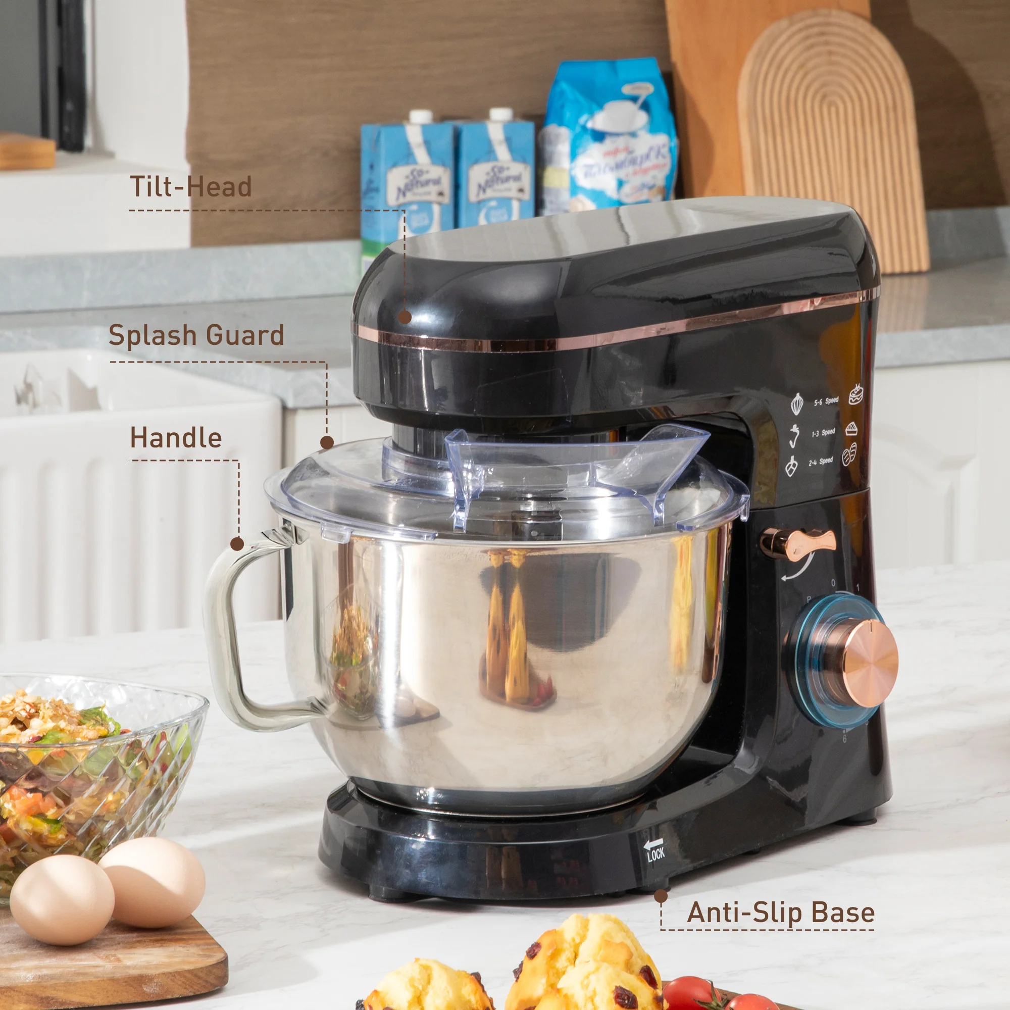 HOMCOM Staande Mixer, Keukenmachine, Mixer, 6 Standen, 5,5L Roestvrijstalen Kom, Zwart
