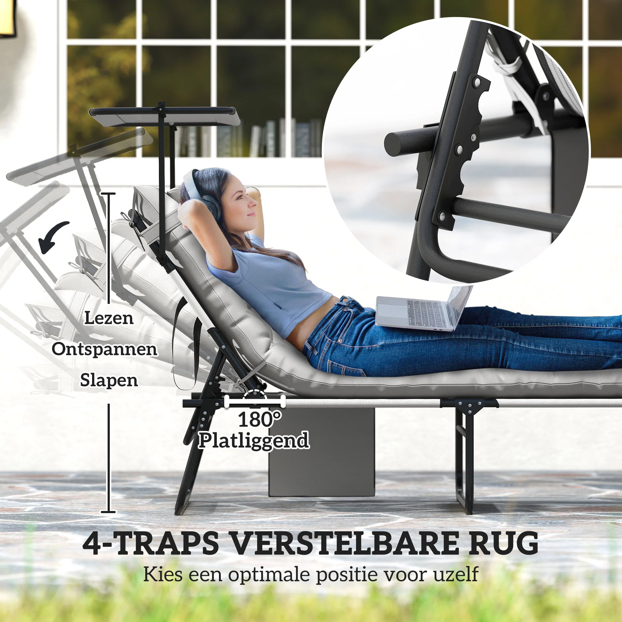 Outsunny Opvouwbare Tuinligstoel met Zonnedak en Matrasje, Ligstoel met 4 Standen Verstelbare Rugleuning Lichtgrijs