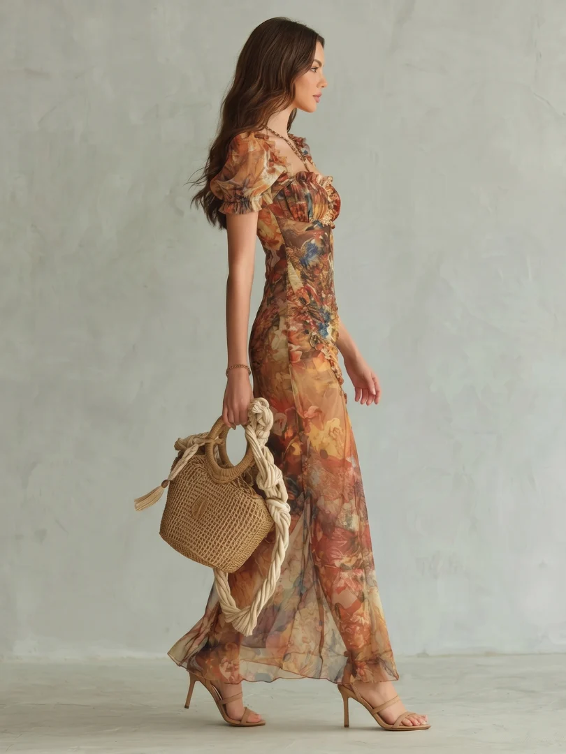 Womena??s Midi Dress Lightweight Ruffled Sleeves and Ruched Bodice