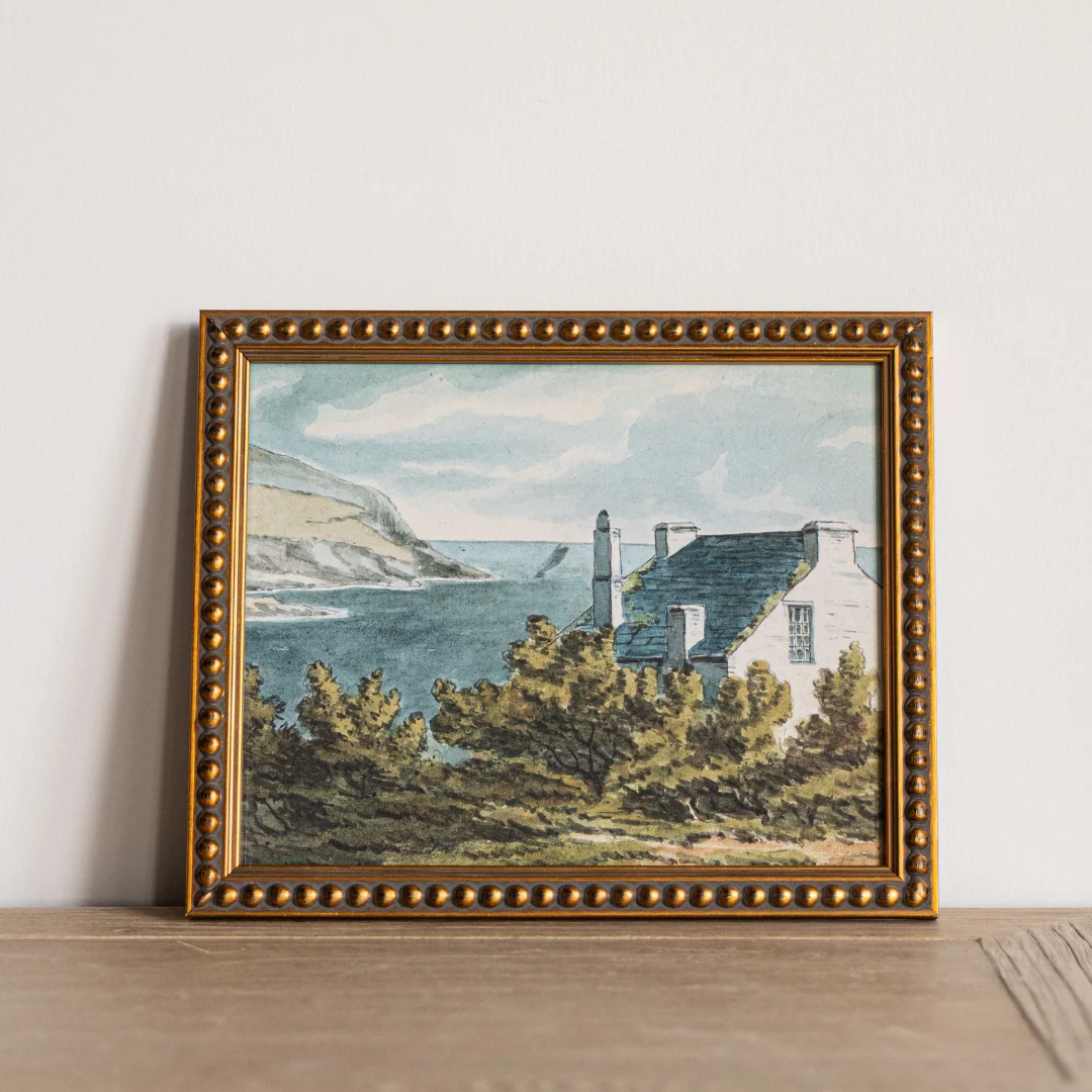 Vintage Watercolor Lakeside Property Framed Art