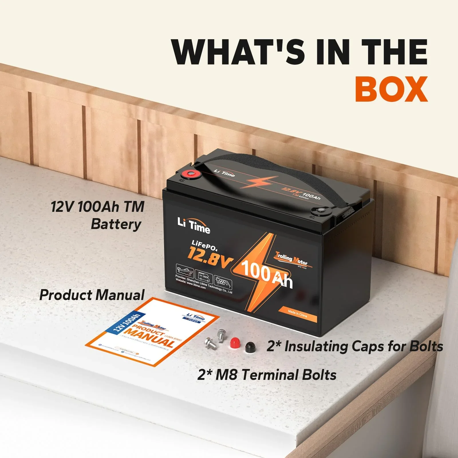 LiTime 12V 100Ah TM LiFePO4 lítium akkumulátor beépített 100A BMS-sel