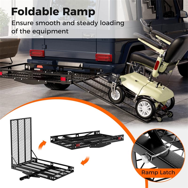 500 LBS Hitch Mount Cargo Carrier with Foldable Ramp, Heavy-Duty Mobility Scooter Wheelchair Carrier for SUV Cars with Stabilizer & 2 Tie-Down Straps