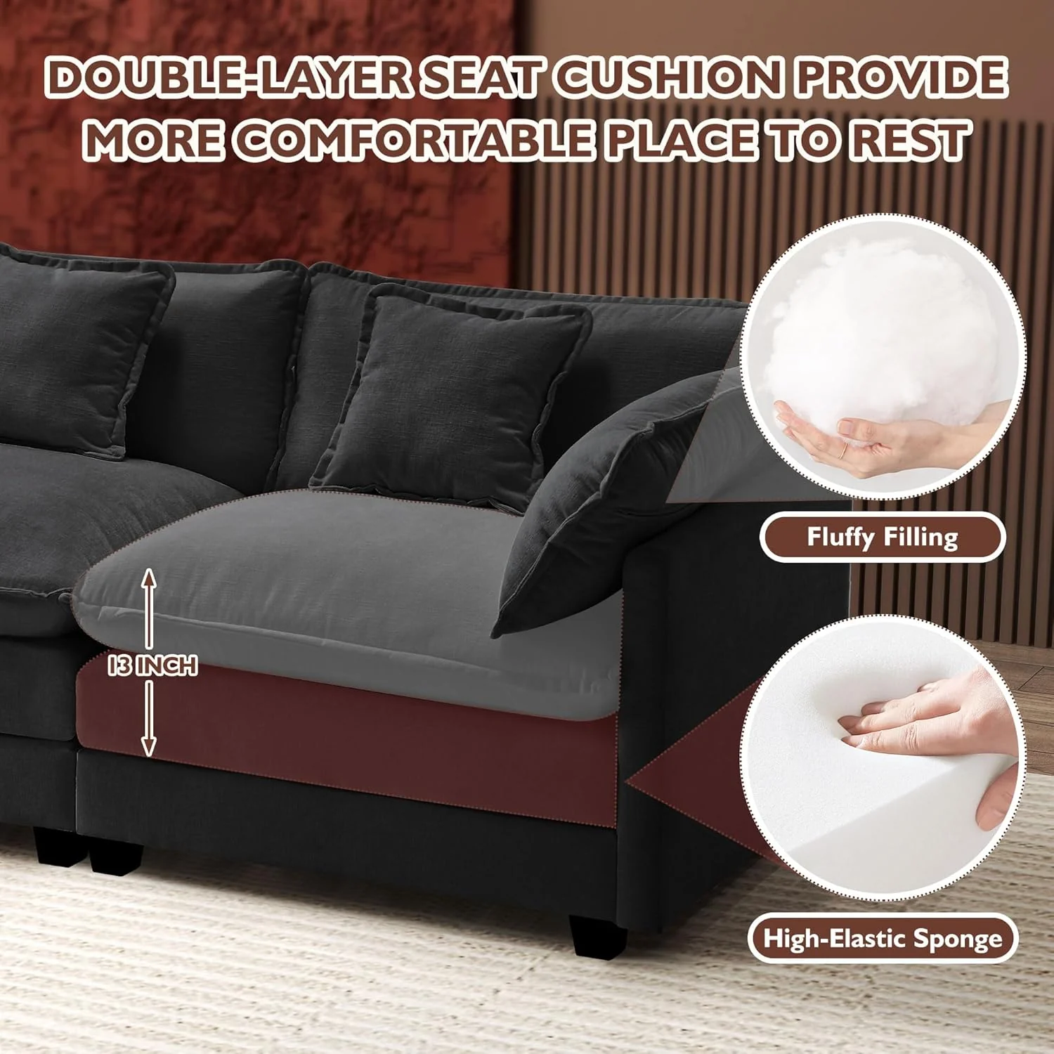 111.4 Inch L-Shaped Modern Sofa Modular Cloud Sofa Ottoman 4-Seater Chenille Deep Seat Sofa