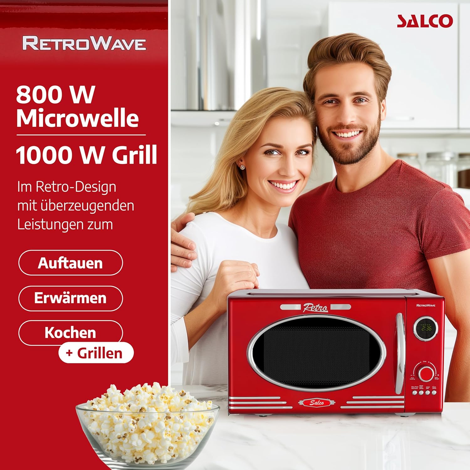 Salco Mikrowelle 2 in 1 – Retro-Style mit Grillfunktion - 23 l Garraum, metallic-rot, 900 W - 12 Funktionen inkl. Auftauen, Grillen & Wärmen, Express-Funktion - inkl. Drehteller & Grillaufsatz