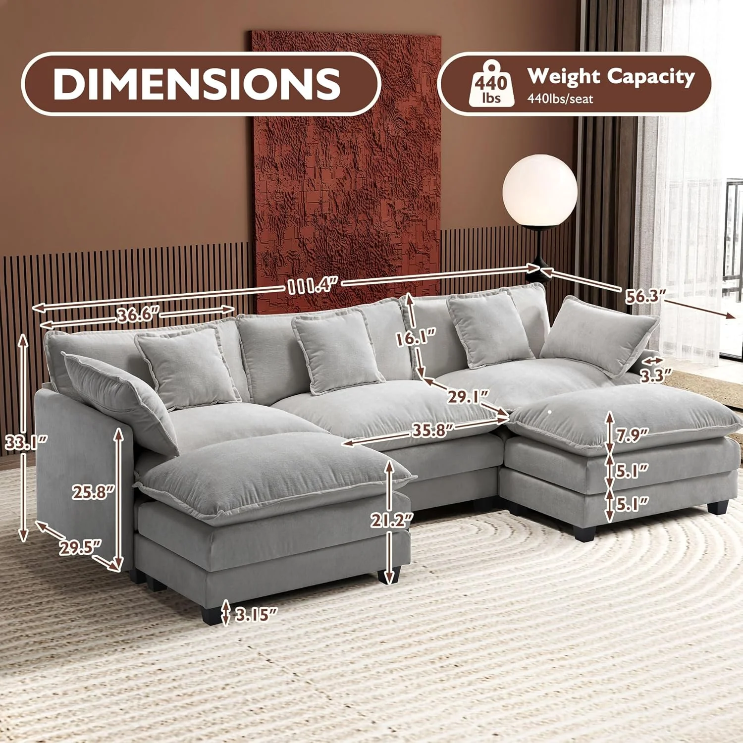 111.4 Inch L-Shaped Modern Sofa Modular Cloud Sofa Ottoman 4-Seater Chenille Deep Seat Sofa