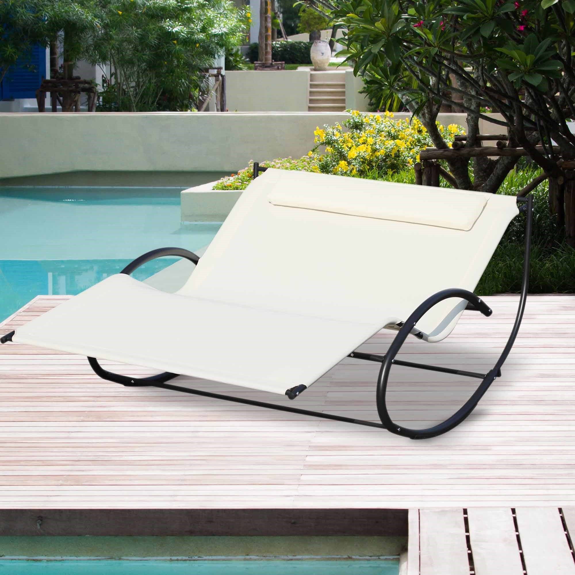 Easycomfort Lettino Prendisole 2 Posti, Sdraio da Giardino a Dondolo in Metallo e Texteline, 140x200x36-88cm, Bianco Crema