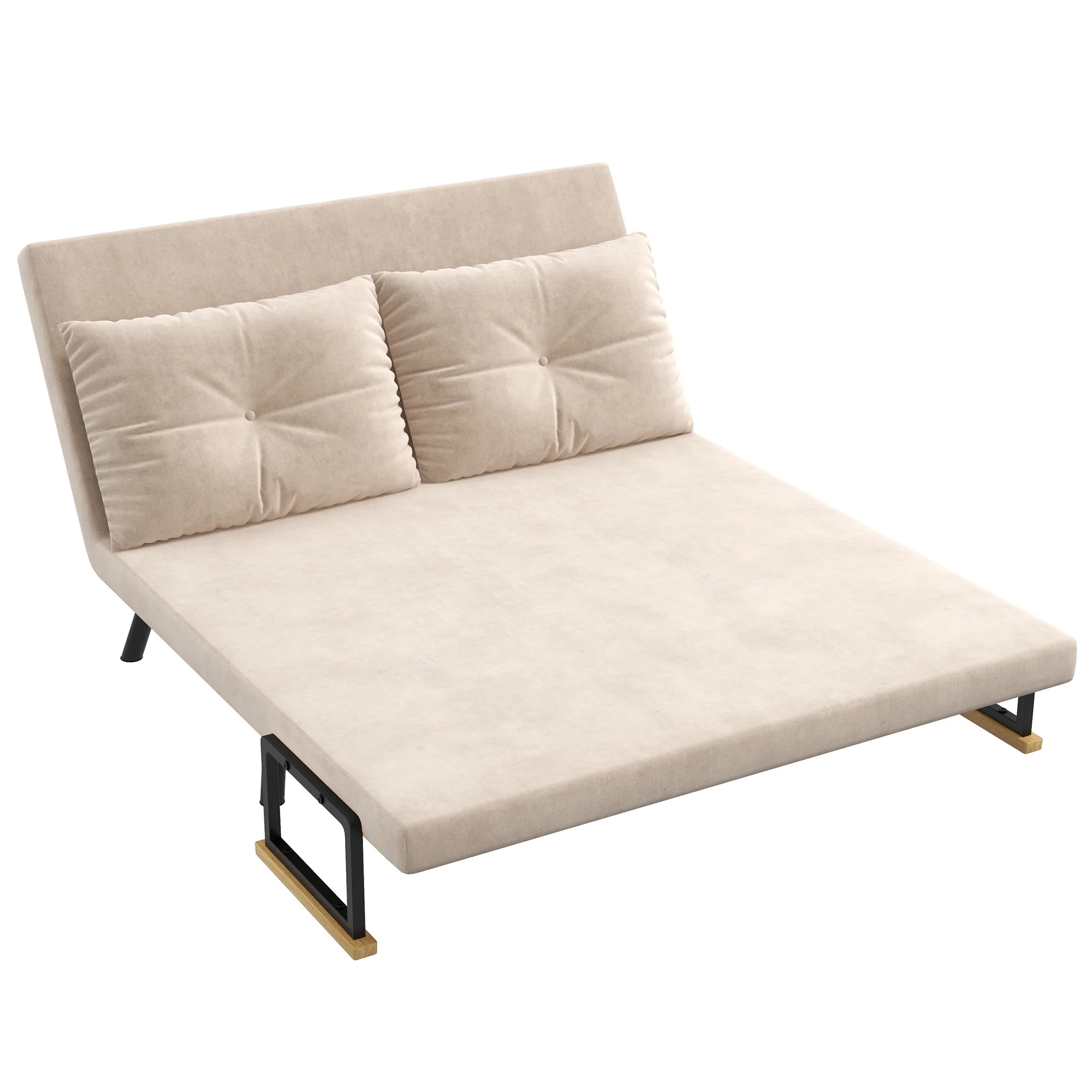 HOMCOM Slaapbank 2-zitsbank Fluweelbank, Slaapfunctie, incl. 2 kussens, Fluweel Optiek, Natuur + Beige + Zwart