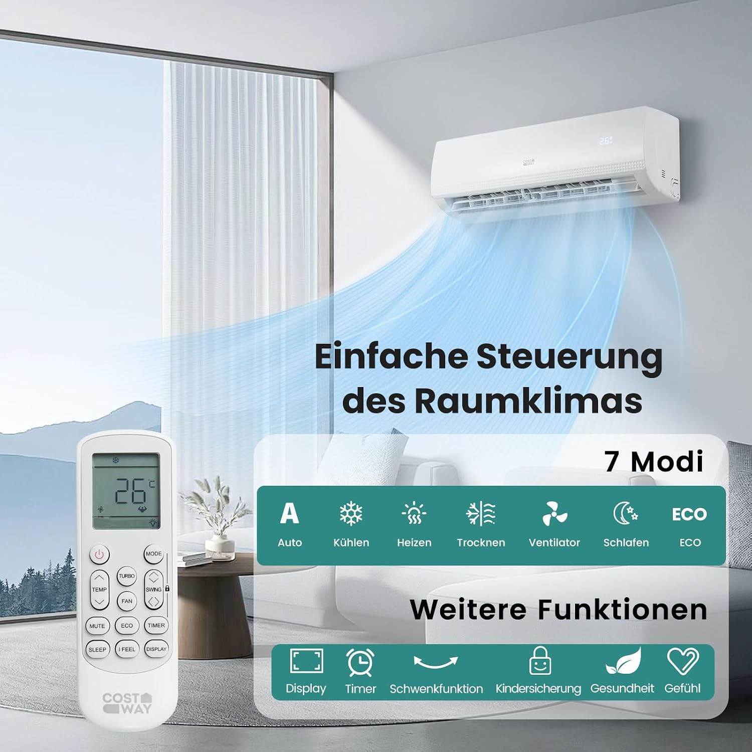COSTWAY 9000BTU Split Klimaanlage, Klimageräte mit Heizfunktion 2,6kW, Air Conditioner Wandhalterung inkl. Kupferleitung, Kältemittel R32, sehr leise für Räume bis zu 42m³