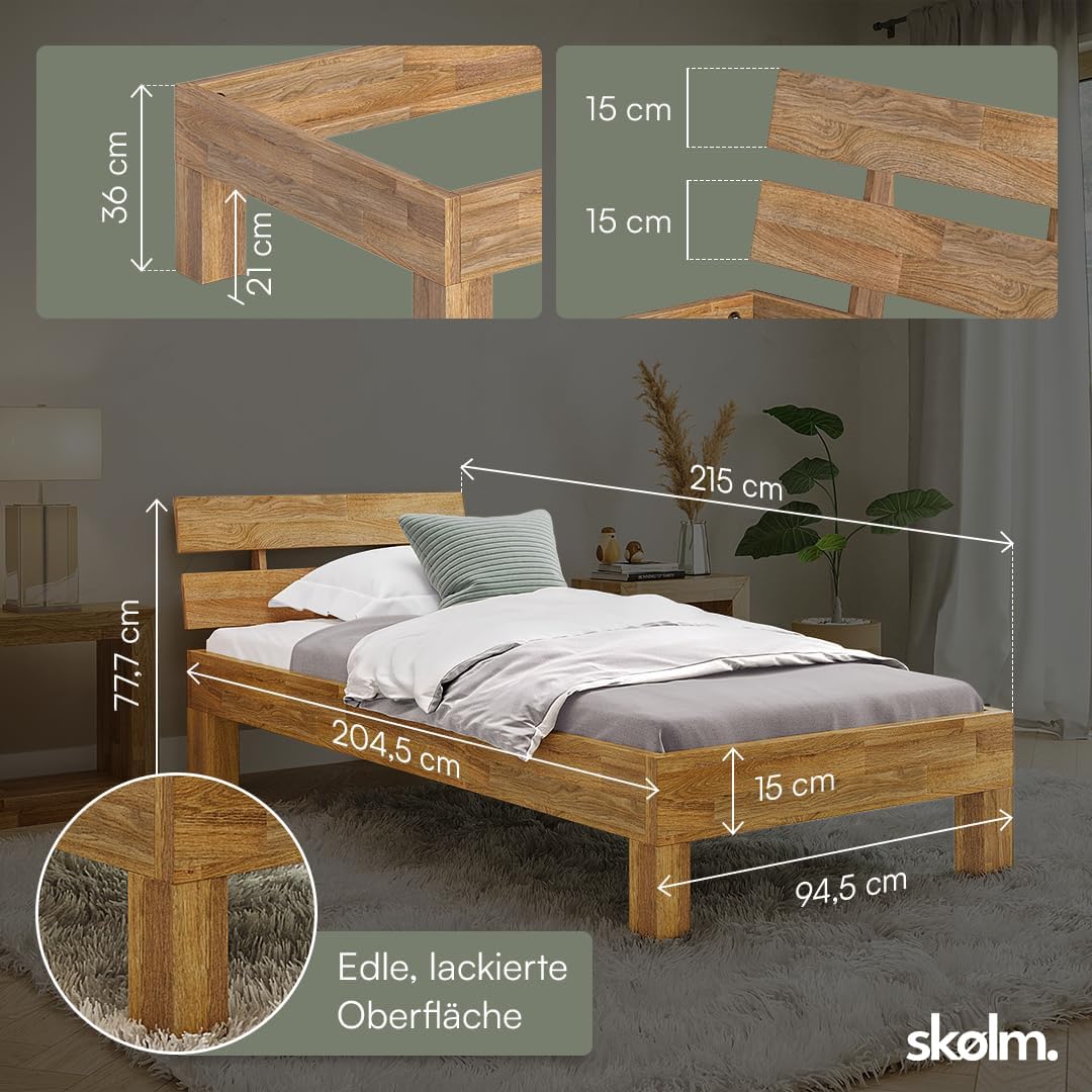 skølm Floki Massivholzbett 90x200 cm aus Eiche - hochwertiges Bettgestell - Bettrahmen mit Bettkopf - Holzbett in Natur geölt - Einzelbett 90x200 cm - Futonbett