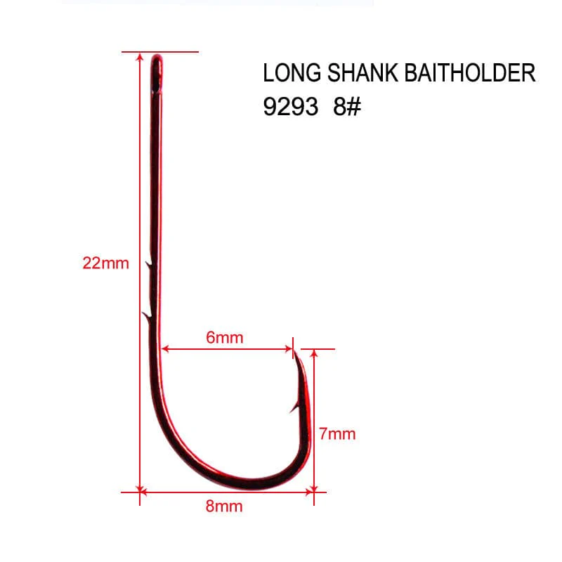 100X Long Shank Baitholder Hooks RED Size 8# Fishing Tackle