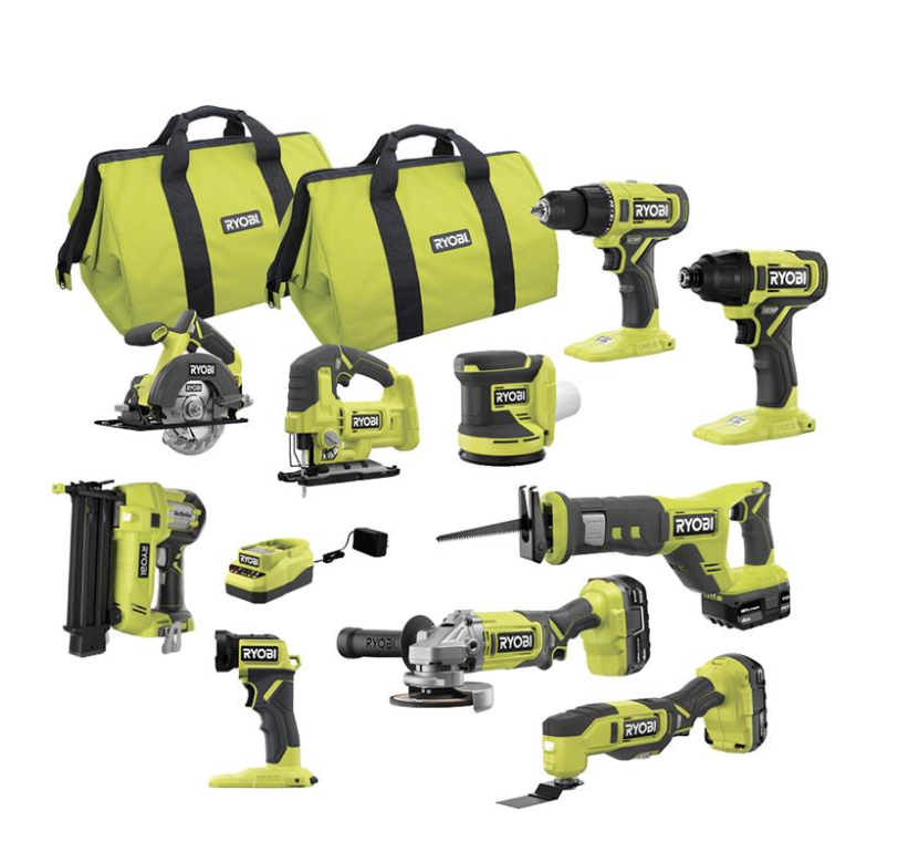 RYOBI ONE+ Kit combinat fără fir de 18 V cu 10 scule, 3 baterii și încărcător PCK750KN, 2025