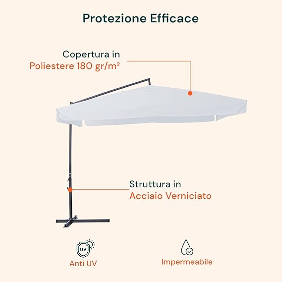Ombrellone Rotondo ø3m Bianco Con Braccio Laterale In Acciaio E Manovella