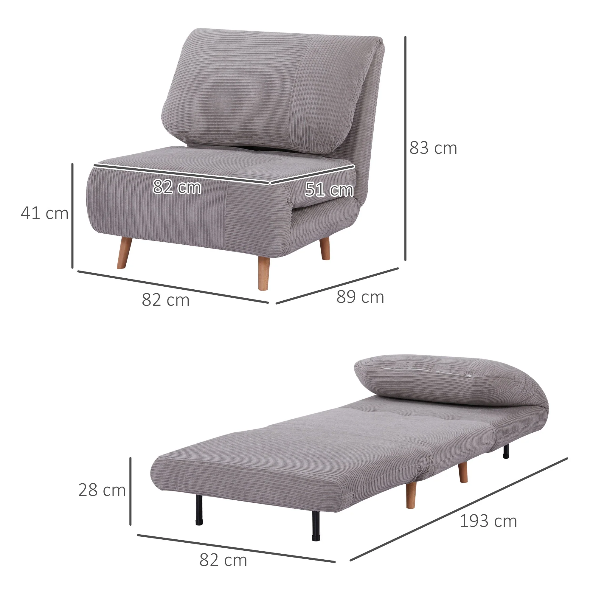 HOMCOM Schlafsessel Schlafsofa 2-in-1 verstellbare Rückenlehne Hellgrau