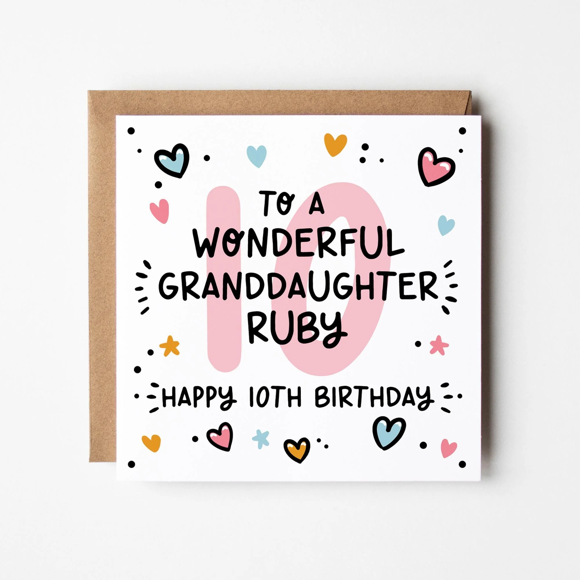 10th Birthday Card for Granddaughter, Personalised with Kraft envelope