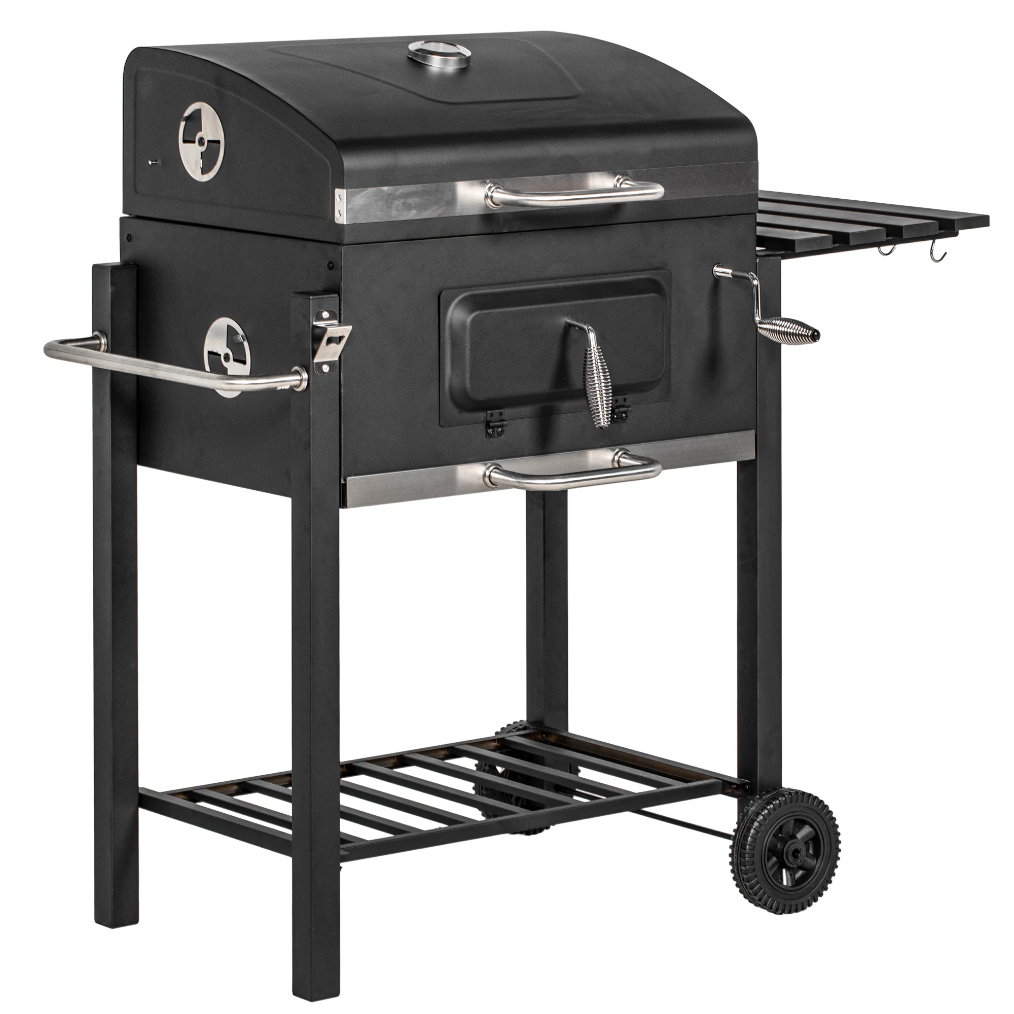 Outsunny Houtskoolbarbecue Smoker BBQ-Smoker, 1 Opbergruimte, 1 Handdoekhouder, 2 Grillroosters, 113 cm x 65 cm x 108 cm, Zwart