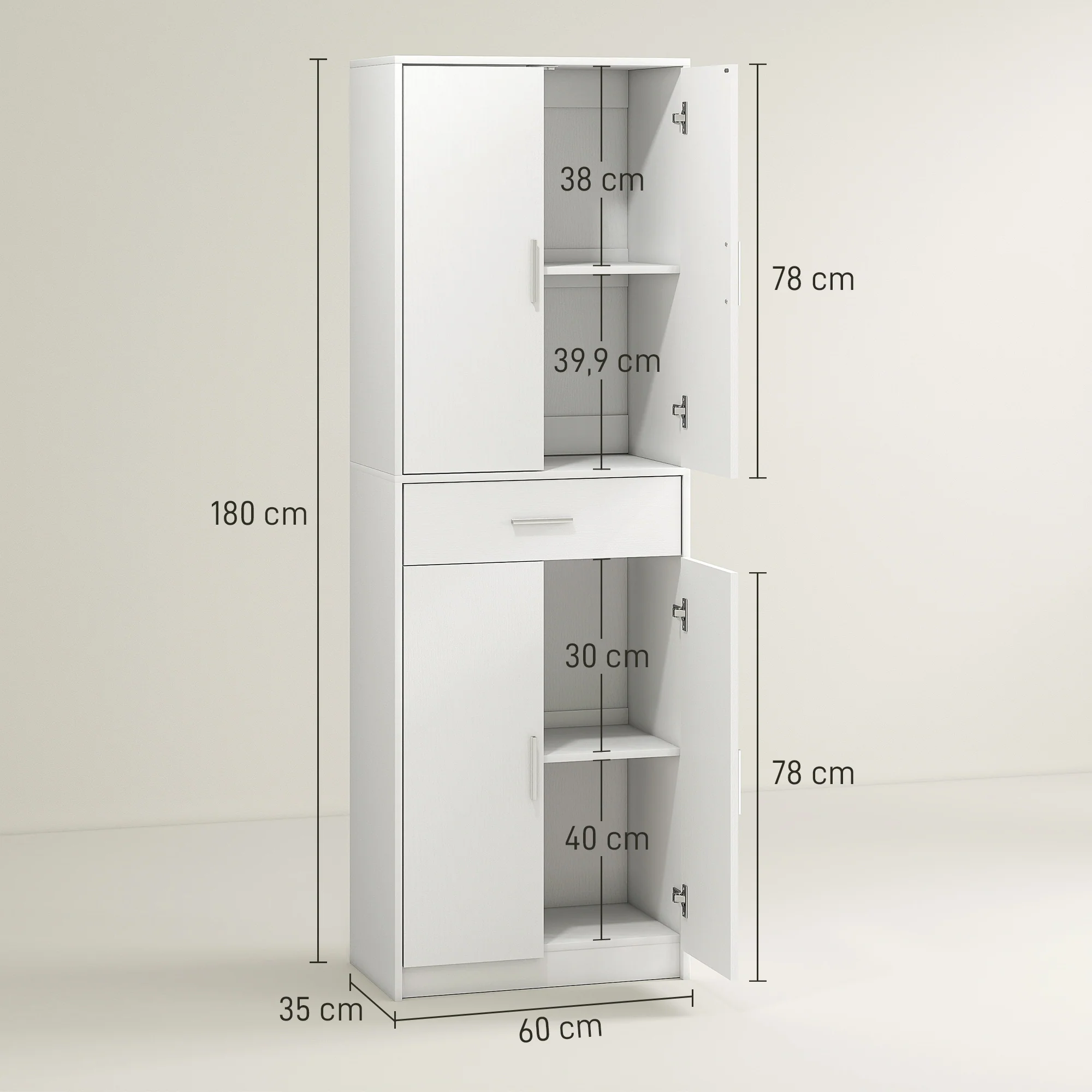 HOMCOM Keukenkast, 3-traps verstelbare planken, Spaanplaat, MDF, veel opbergruimte, Wit