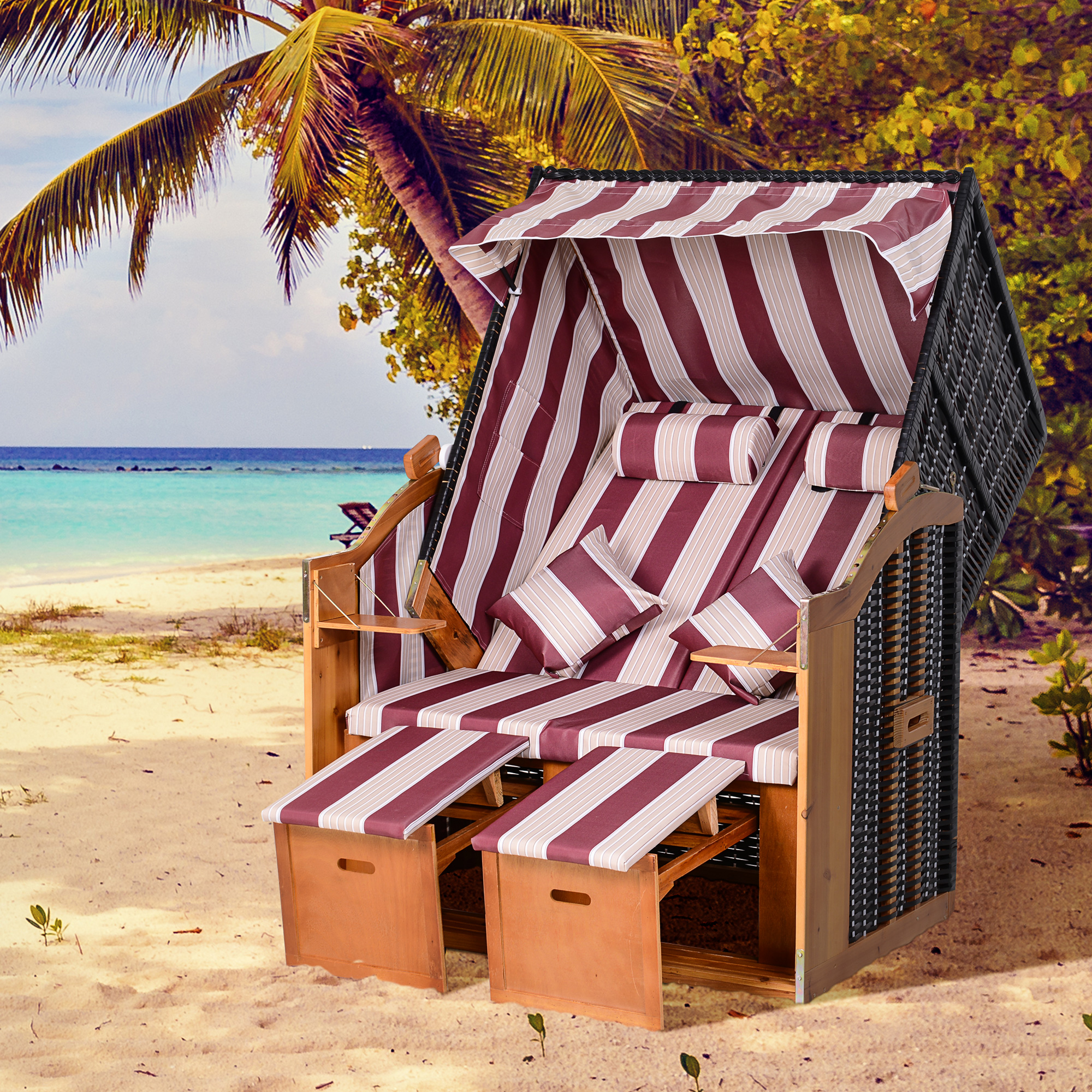 Dubbele ligstoel met dak dubbele ligstoel chaise longue voetensteun PE rotan rood