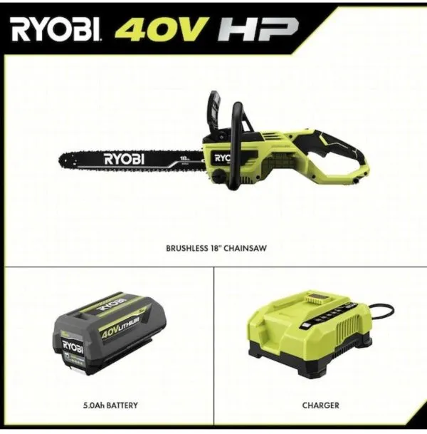 Ryobi 18′′ 40 V-os akkumulátoros láncfűrész készlet akkumulátorral és töltővel, zöld