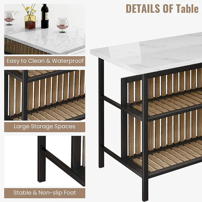 Kitchen Island with 2 Stools and Open Shelves