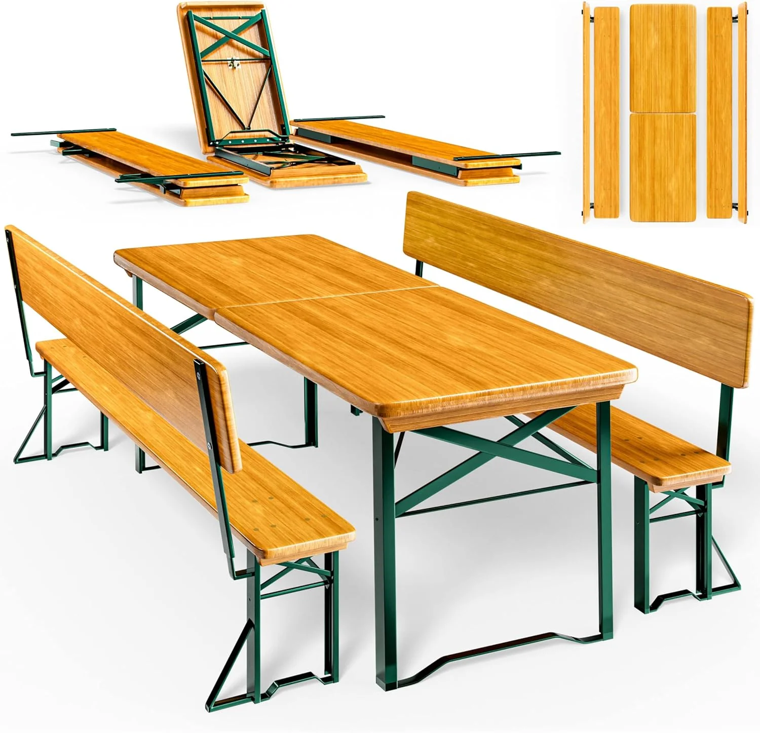 Casaria® Sörpad garnitúra háttámlával, 170 cm, összecsukható, stabil, 2 db sörpaddal, 1 db széles asztallal, fából készült sörasztal garnitúra, sörsátor garnitúra, sörkert garnitúra