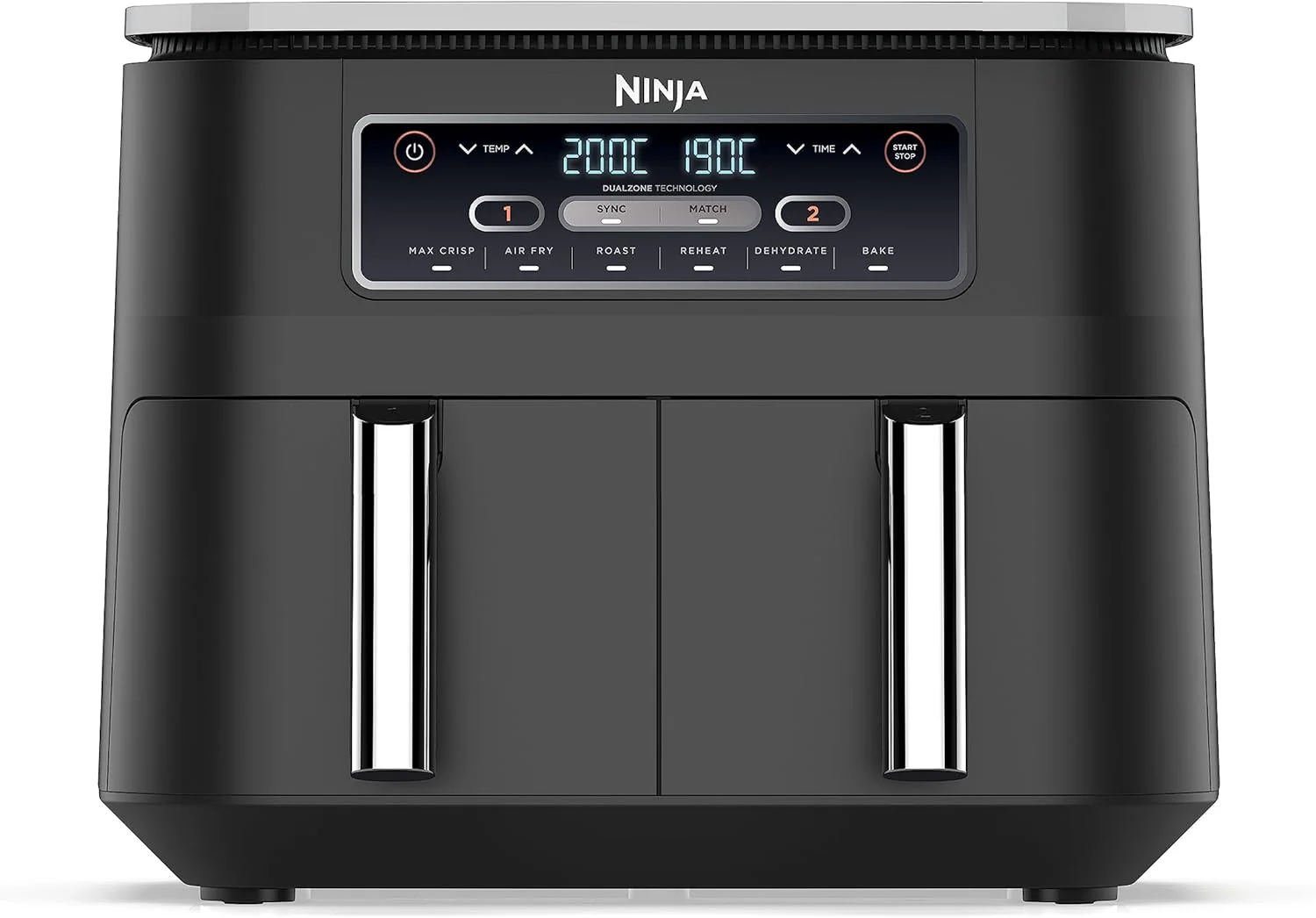Ninja MAX Oil Free Double Compartment Air Fryer with 2 Drawers, 9.5 Litre, Oil Free, Air Fry, Max Crisp, Roast, Bake, Reheat, Dehydrate, Non-Stick Baskets, Gold Stone, DZ400EUSTGD