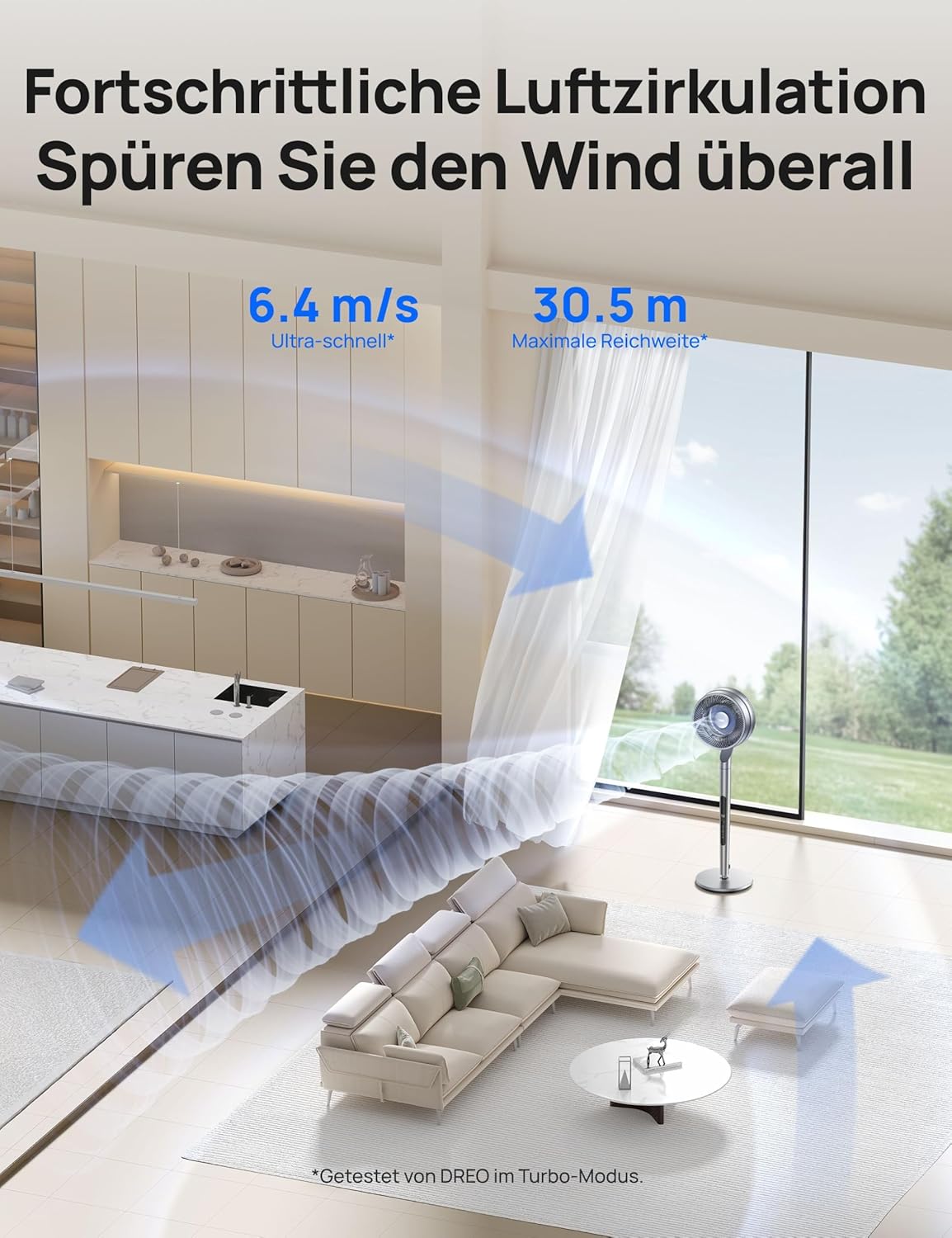 Dreo Standventilator mit intelligenter Steuerung, 101,6–111,8 cm höhenverstellbar, DC leiser Ventilator für Schlafzimmer, 120°+85° omnidirektionaler oszillierender Ventilator, 30,5 m Luftstrom, 10