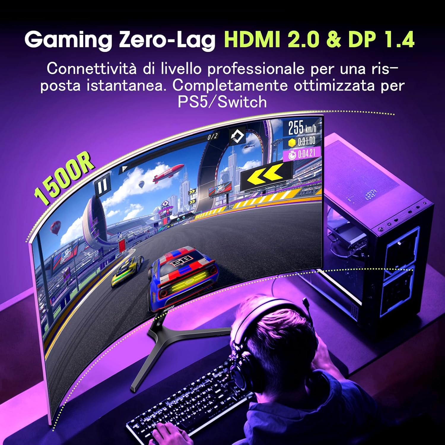 Amzfast Écran PC Gaming 27 Pouces Incurvé, 2K QHD(2560 x 1440), 240Hz Moniteur, 1Ms MPRT, 1500R, sRGB 120 pour cent, Adaptive Sync, Low Blue Light,VESA 100 * 100, HDMI 2.0 * 2/DP 1.4 * 2, AMZG27C1Q Pro