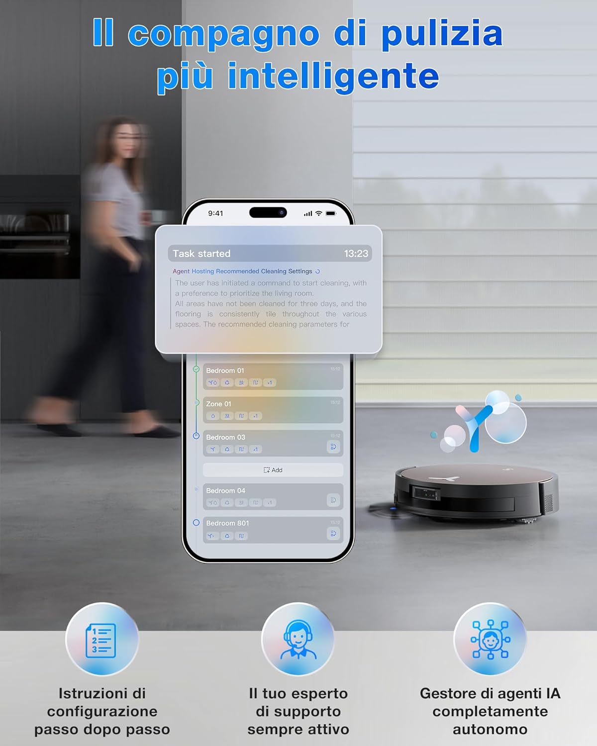 ECOVACS X11 OMNICYCLONE Robot Aspirapolvere Lavapavimenti, BLAST e 19.500 Pa, Boost di Potenza Ultrarapido, OZMO ROLLER 2.0, Altezza Massima di Salita di 4 cm, Rullo Esteso, Svuotamento Automatico