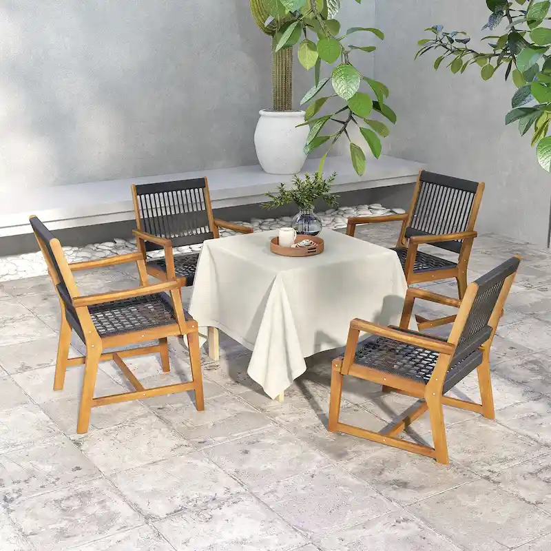 Gymax Patio 4PCS Acacia Wood Dining Chairs All-Weather Rope Woven