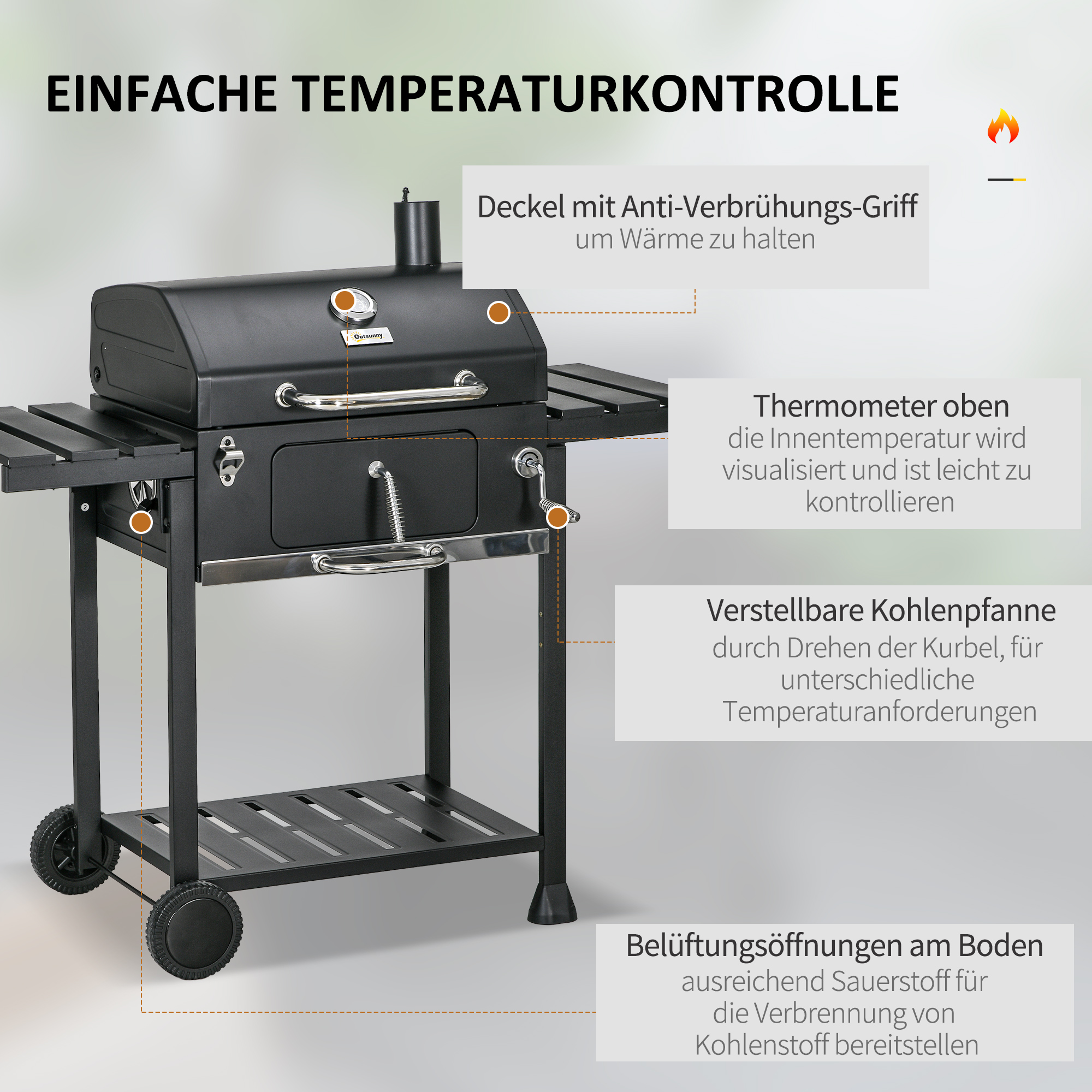 Outsunny Kolenbarbecue BBQ-grill Smoker, inclusief thermometer, flesopener, 120 x 64 x 114 cm, Zwart