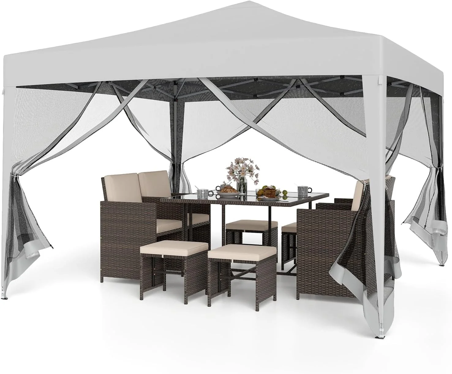 Goplus 10 FT x 10 FT Pop-Up Canopy Tent, Easy Setup Instant Folding Shelter w/Mesh Netting, Carry Bag, 8 Stakes & 4 Ropes, Height Adjustable Sunshade, Commercial Tent for Camping (Coffee)
