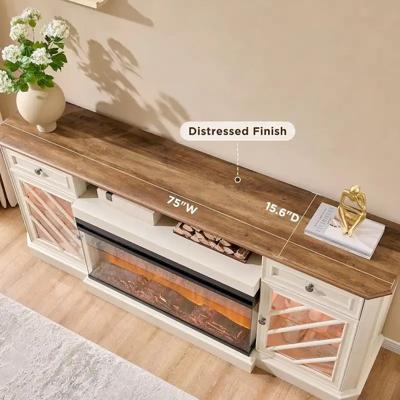 Farmhouse TV Stand with 3-Sided Fireplace, Entertainment Center