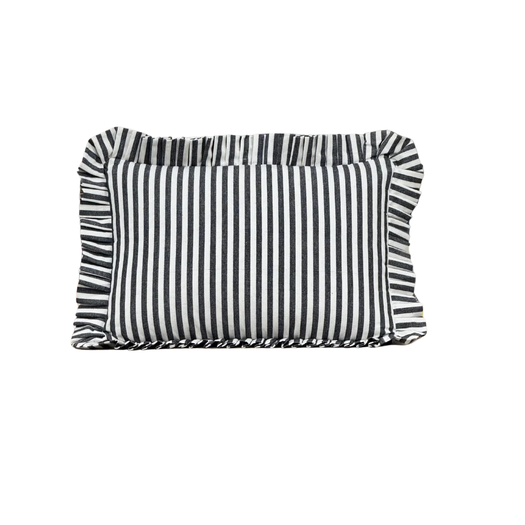 Ruffle Lumbar Pillow Cover Black Charcoal Stripes