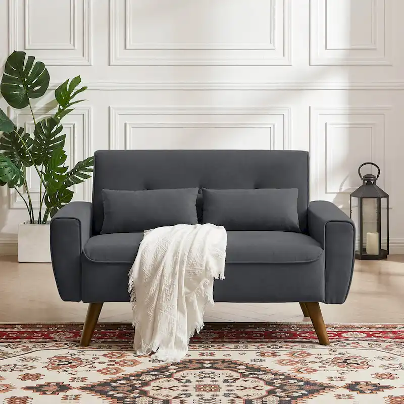 48.82 Small Tufted Loveseat Sofa with 2 Pillows and Tapered Wood Legs