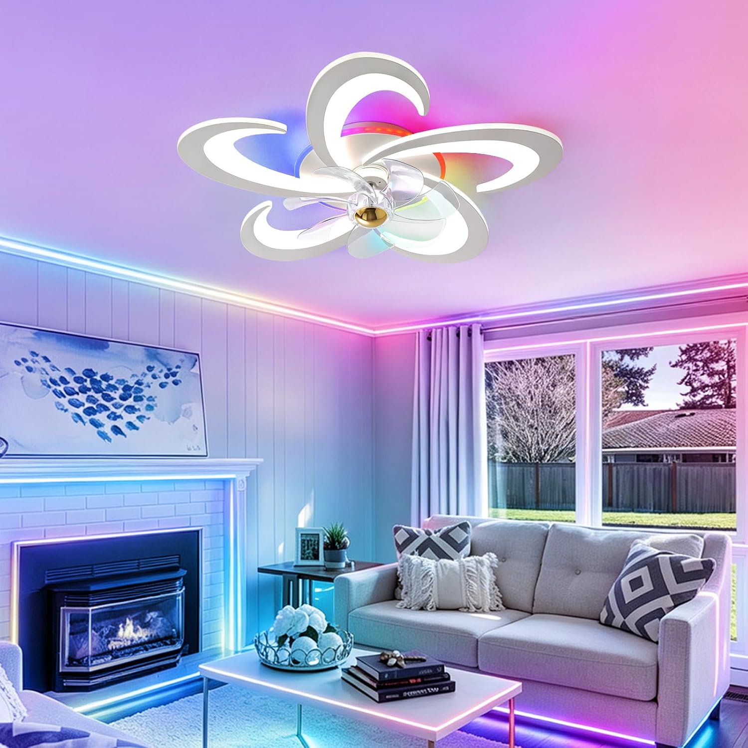 RGB Deckenlampe Mit Ventilator, Dimmbar Deckenventilator mit Beleuchtung und Fernbedienung/APP, RGB Deckenventilator mit Lampe für Schlafzimmer, Wohnzimmer, Leise, 6-Speed