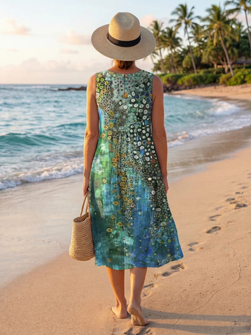 Women��s Abstract Circular Midi Dress Lightweight Sleeveless Summer Style